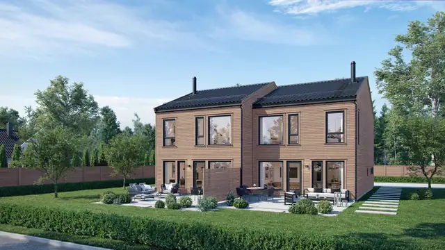 Illustrasjon av prosjektets vertikaldelte tomannsbolig med private uteområder.