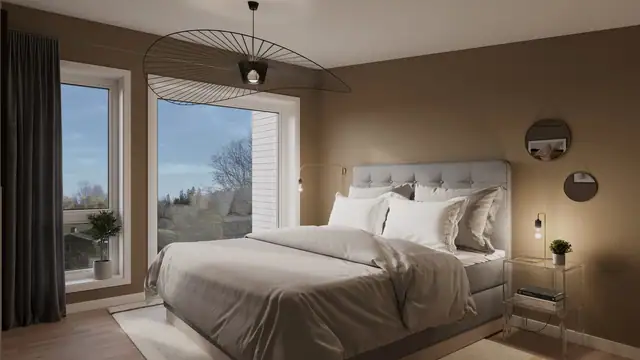 Soverom med lun atmosfære og plass til dobbeltseng.