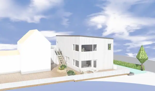 Illustrasjonstegning Søbstadvegen 58 A fra sørvest.
