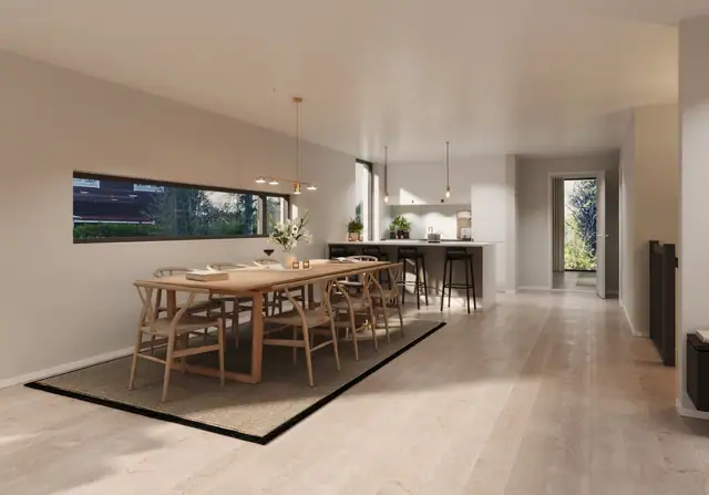 Stilrent kjøkken med integrerte hvitevarer og god plass til et større spisebord. Helstav eikeparkett på gulv og en lekker finish på alle overflater. Se vedlagt kjøkkentegning og innholdsliste fra JKE kjøkken. Illustrasjonsbilde. Det kan forekomme avvik...