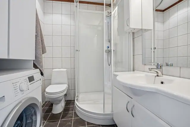Baderom med toalett, dusjkabinett og opplegg for vaskemaskin.